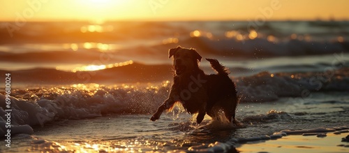 A happy dog flips on the beach at sunset, with waves in the background.