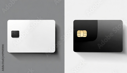 Two credit cards, one white and one black, with realistic chips, isolated on a neutral background with shadows.