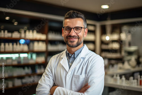 Experienced male in glasses professional pharmacist in shirt, arms crossed in lab white coat standing in pharmacy shop or drugstore in front of shelf with medicines. Health care concept.