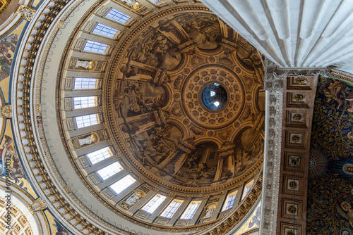London, UK - 25 November 2023: The inside of St Pauls Cathedral dome. The paintings are the work of James Thornhill, completed in 1719.