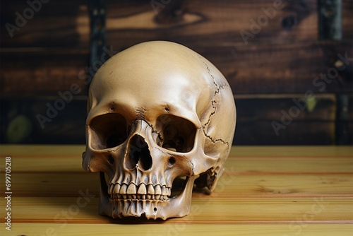 Medical Anatomy Human skull placed on a wooden table surface