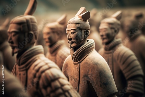 A group of clay statues of men wearing hats