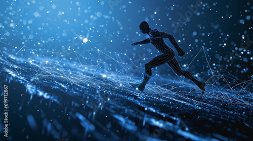 Digital Odyssey: 3D Man Running through Navy and Sky-Blue Network, Zack Snyder Style with Precisionist Lines. Generated AI