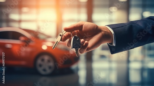 Car salesman giving key to new owner or customer over car dealership background loan, auto business, car sale, transportation, people and ownership concept, 