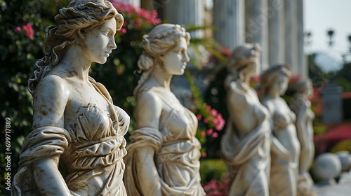 a row of statues of women standing next to each other