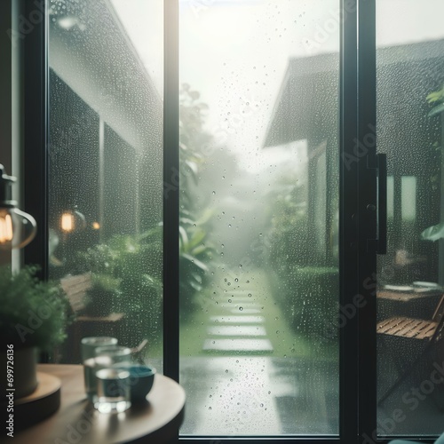 interior of a hotel room. Window with condensation water drops. Photo macro blur tropical climate.