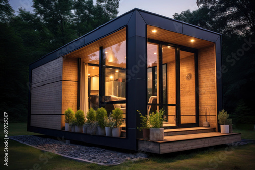 Modular residential house with modern compact interior design. Garden house made from recycled materials