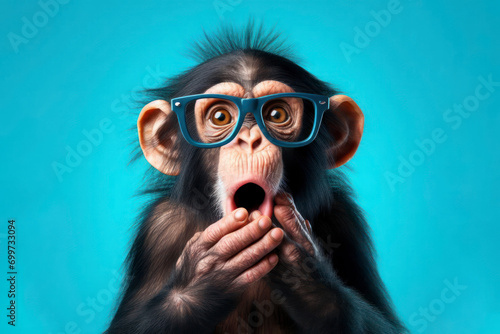Surprised chimpanzee wear glasses on bright blue background. ai generative