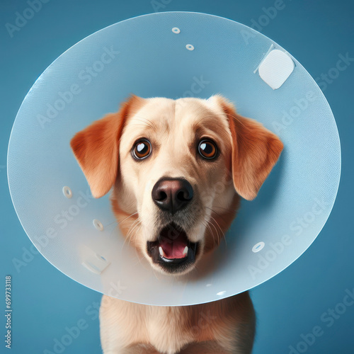 Surprised dog stand with a protective collar on blue background. ai generative
