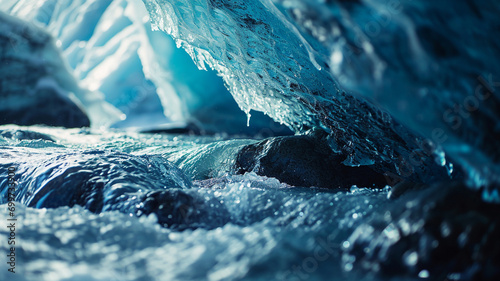 A panoramic view of a crystal-clear glacier with icy blue tones,