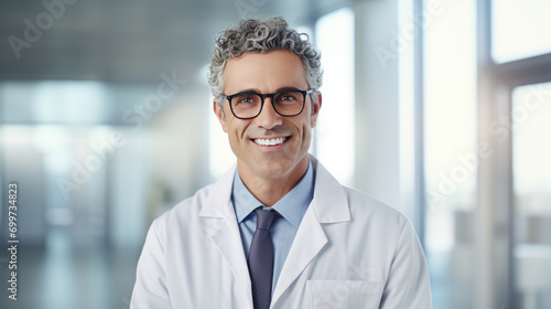 Portrait of a smiling doctor wearing glasses and a lab coat