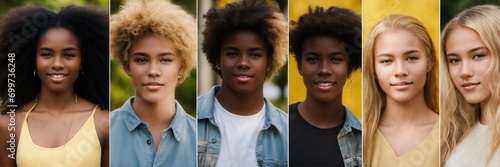 group of people/photo young people aged 17 happy french white skin and blond hair, black skin and frizzy hair, yellow skin and smooth black hair, brown skin,