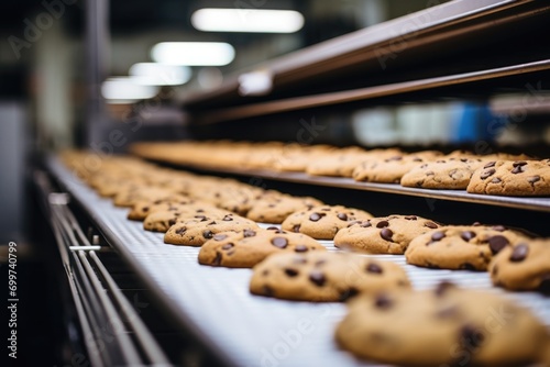 Chocolate Chip Cookies on Conveyor Belt in Food Factory