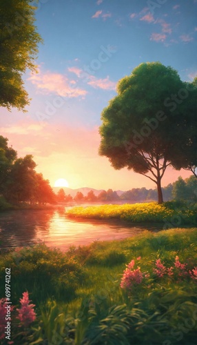 Illustrate a serene peaceful nature scene in summer. This scene inspires peace, awe, and tranquility. Vivid beautiful colors. photorealistic 8k