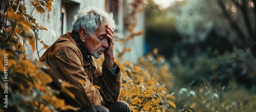 Elderly individual feeling down and losing memory outside.