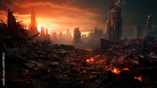 A destroyed gloomy city at night after an apocalypse