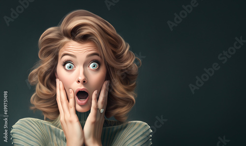 Portrait of surprised young sexy woman with hands up and open mouth. Advertising vintage poster or party invitation. Easily apply your text on copy space.