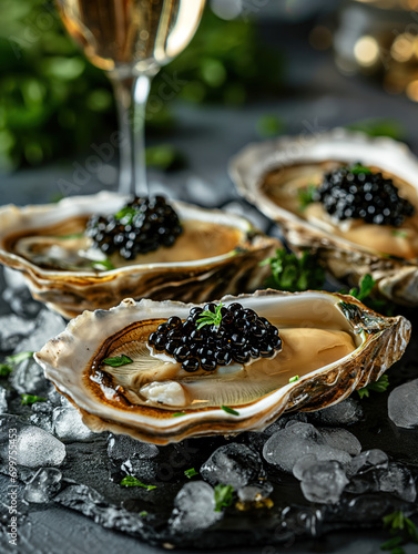 Tasty food photo of oysters with Sturgeon caviar on ice in close-up, with glasses of sparkling wine in the background