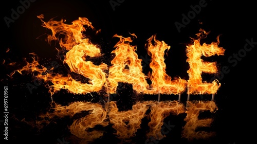 The word Sale is on fire. Eye catchy advertising. Hot season of sales and discounts. Hot Deals on black background