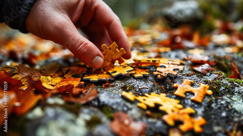 A hand placing a puzzle piece among scattered jigsaw puzzles on a mossy rock covered with autumn leaves.