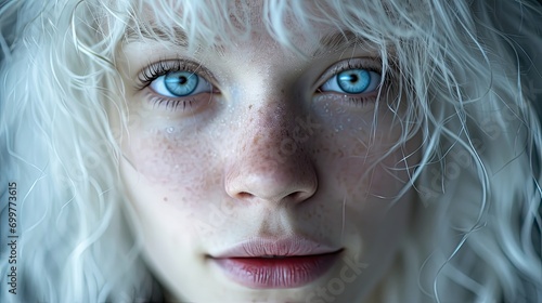 Portrait, albino girl with beautiful blue eyes.