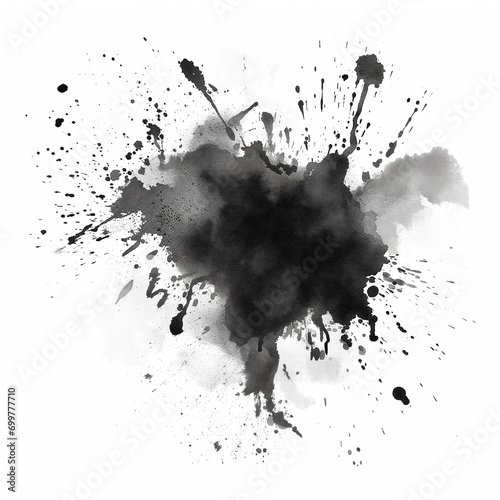 Black ink splatter, paint brush blob, white background, watercolor, ink blot, ink splash