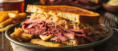 Traditional American sandwich with pastrami, corned beef, Swiss cheese, sauerkraut, thousand island dressing, on grilled rye bread, served with French fries.