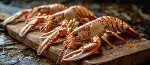 Langoustines displayed on a wooden board