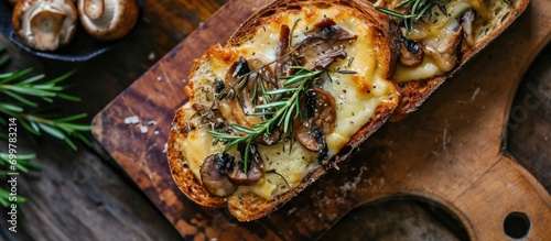 Top view of a toasted cheese and mushroom sandwich on sourdough bread with rosemary, served on a wooden board.