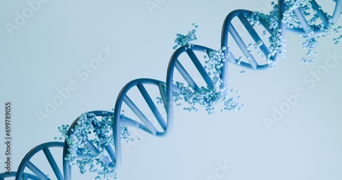 3d illustration of human genome changes. The particles come from a dna molecule. For medical research, genetic engineering, biology, cosmetic brand.