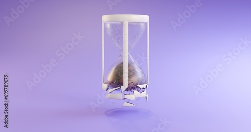 3d illustration of the destruction of an hourglass. The concept of procrastination, aging, retirement, time management, planning, lateness