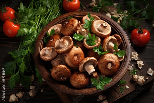 Flat lay composition with delicious cooked mushrooms on table