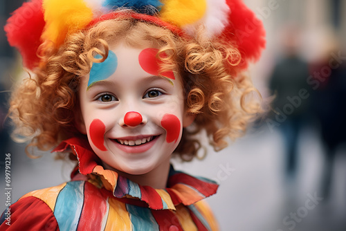 Young boy child with curly hair dressed up with colorful clown costume for European carnival celebration