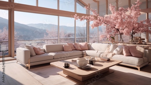 Cozy modern spring interior of a bright studio living room with a sofa and cherry blossom branches in chalet with cherry blossom trees outside the window