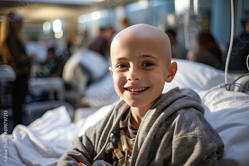 Portrait of smiling suffering teen boy fighting with cancer. Bald kid patient with nasal oxygen tube looking at camera sitting in bed at hospital ward. Healthcare concept