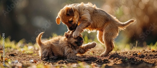 Puppies play fight, one on top, month old.