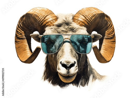 A detailed image of a fashionable ram's muzzle. Bighorn in sunglasses. Animal fashion. Illustration for cover, card, postcard, interior design, banner, poster, brochure, print or presentation.
