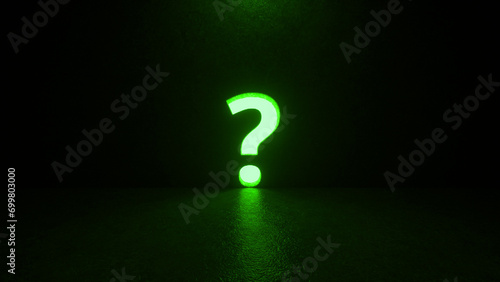Green question mark symbol on black background. A hole in the wall in the form of a sign. Metaphor of question, answer, idea, problem and business solutions. Mysterious atmosphere. 3d rendering