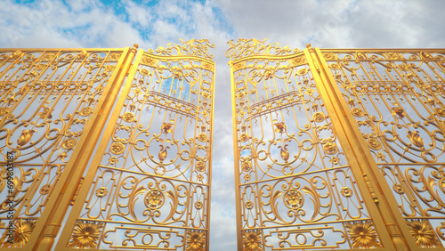 Golden gate to heaven. The gate open against the background of a colorful sky. 3D render