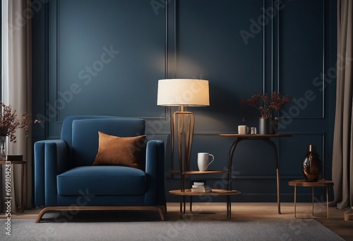 Contemporary chair with lamp and coffee table in living room interior dark blue wall mock up background