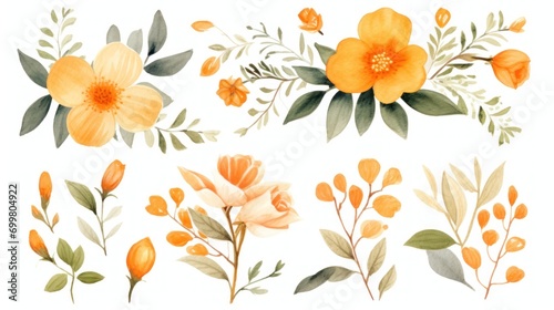  a bunch of flowers that are painted in watercolor on a white background with green leaves and orange flowers on each side of the frame.