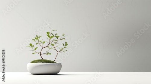  a small potted plant sitting on top of a white table next to a white vase with a green plant in it.