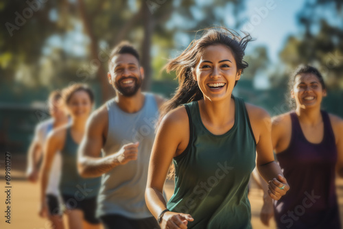 A group of young attractive people jogging in the park.