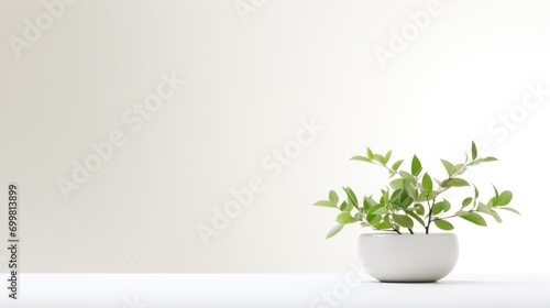  a small potted plant sitting on top of a white table in front of a white wall in an empty room.