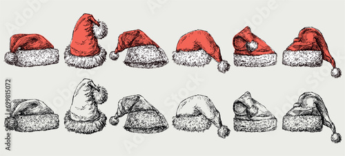 Collection of different sketches red Santa Claus hats with white fur and pom-poms, hats for Christmas