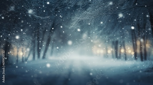 Enchanted Winter Night: Snowfall in a Forest with Golden Lights 