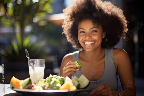 Beautiful Young Woman Smiling And Happy Having A Fruit Breakfast In The Morning Outdoors. Concept Of Diets And Healthy Food. Generative AI