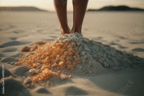 Feet stand in sand and pumice on a sandy beach with the effect of spa salon