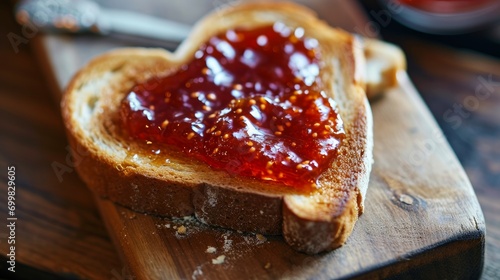 Toast with heart shaped jam closeup from above