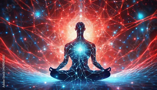 Silhouette in meditation reaches nirvana, surrounded by an aura and illuminated chakras, symbolizing consciousness, spiritual energy, and mental health
